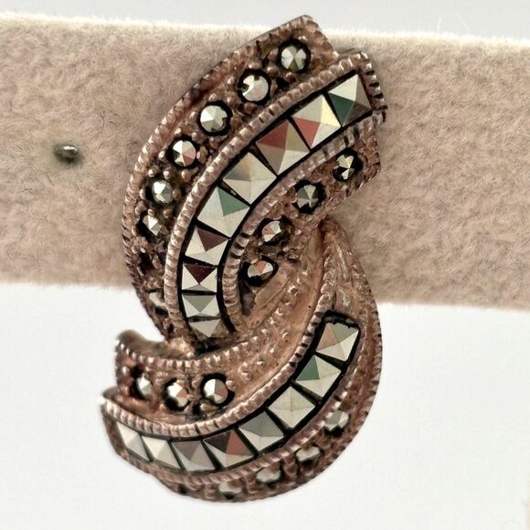 Vintage Sterling Silver Judith Jack Marcasite Clip Earrings Signed Event - Picture 3 of 4